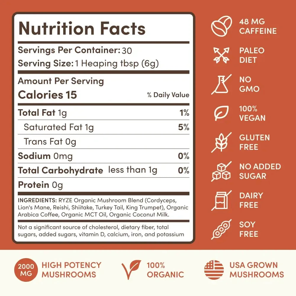 RYZE SUPERFOODS Mushroom Coffee USDA Organic with 6 Adaptogenic Mushrooms and MCT Oil, USA Grown Instant Coffee for Better Energy, Focus, Digestion, Immunity with Lions Mane & Turkey Tail, 30 servings Medium Roast