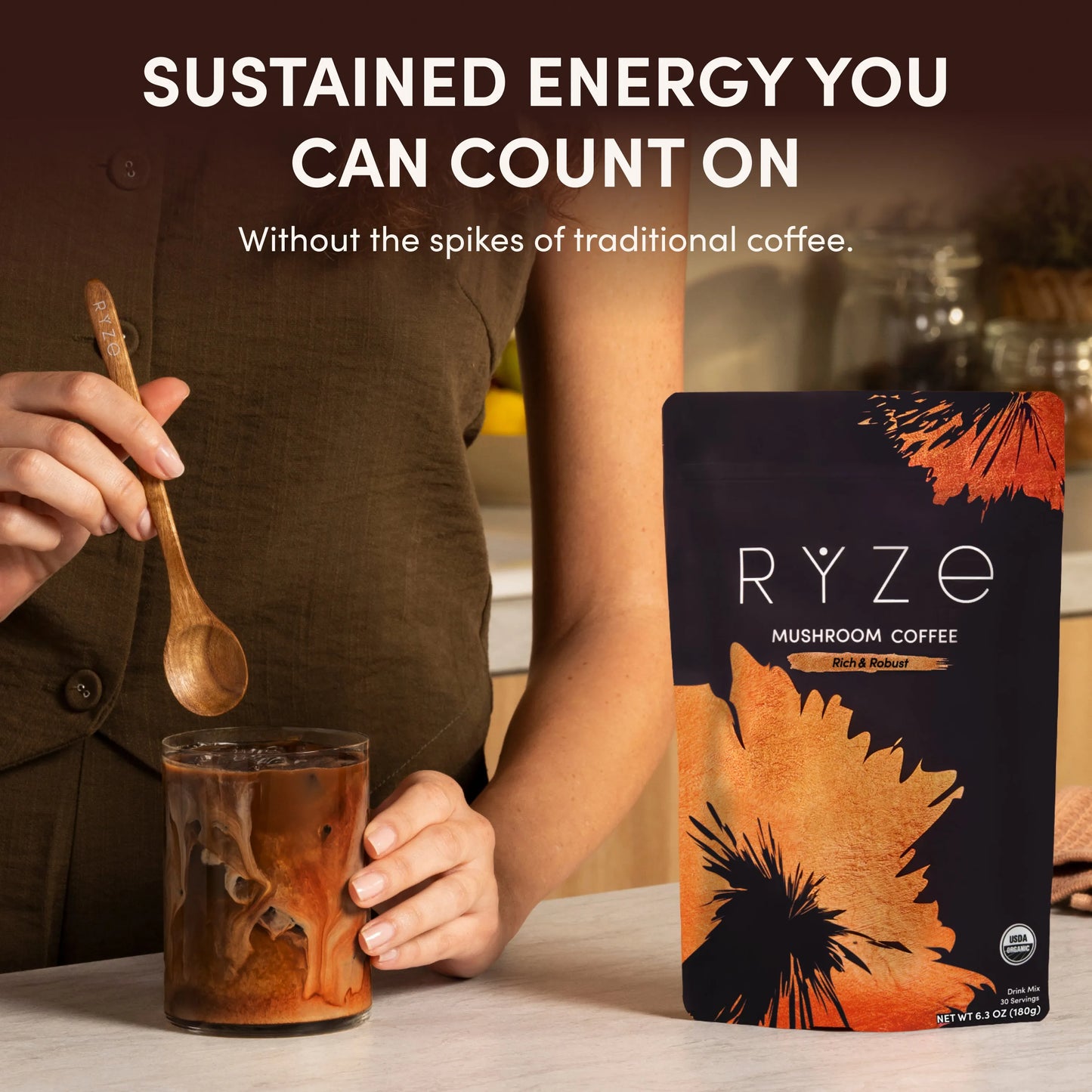 RYZE SUPERFOODS Mushroom Coffee USDA Organic with 6 Adaptogenic Mushrooms and MCT Oil, USA Grown Instant Coffee for Better Energy, Focus, Digestion, Immunity with Lions Mane & Turkey Tail, 30 servings Dark Roast