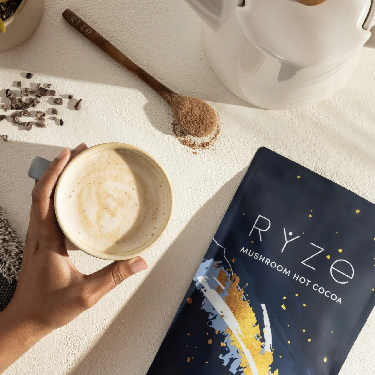 RYZE SUPERFOODS Mushroom Hot Cocoa Melatonin Sleep Supplement, Keto Cocoa Powder with Reishi Mushroom, Melatonin, Glycine, Cacao, L-Theanine, Chicory to Help Fall Asleep and Stay Asleep, 20 Servings