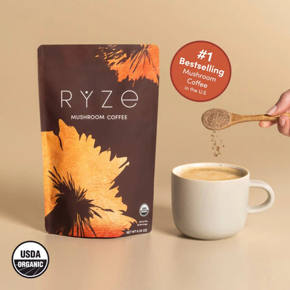RYZE SUPERFOODS Mushroom Coffee USDA Organic with 6 Adaptogenic Mushrooms and MCT Oil, USA Grown Instant Coffee for Better Energy, Focus, Digestion, Immunity with Lions Mane & Turkey Tail, 30 servings Medium Roast