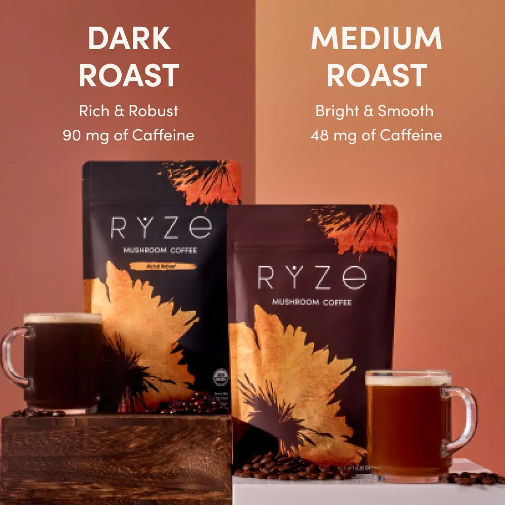RYZE SUPERFOODS Mushroom Coffee USDA Organic with 6 Adaptogenic Mushrooms and MCT Oil, USA Grown Instant Coffee for Better Energy, Focus, Digestion, Immunity with Lions Mane & Turkey Tail, 30 servings Medium Roast