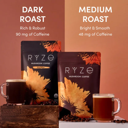 RYZE SUPERFOODS Mushroom Coffee USDA Organic with 6 Adaptogenic Mushrooms and MCT Oil, USA Grown Instant Coffee for Better Energy, Focus, Digestion, Immunity with Lions Mane & Turkey Tail, 30 servings Medium Roast