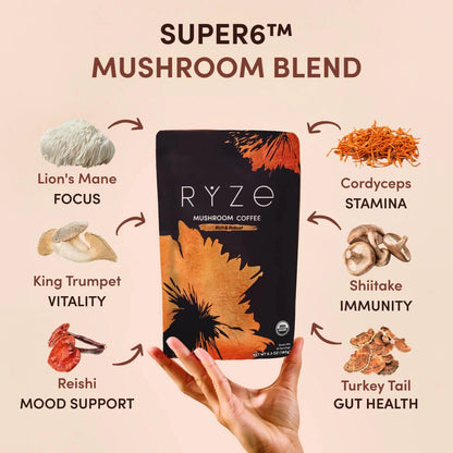 RYZE SUPERFOODS Mushroom Coffee USDA Organic with 6 Adaptogenic Mushrooms and MCT Oil, USA Grown Instant Coffee for Better Energy, Focus, Digestion, Immunity with Lions Mane & Turkey Tail, 30 servings Medium Roast