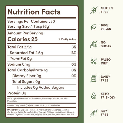 RYZE SUPERFOODS Mushroom Matcha, USDA Organic with 6 Adaptogenic Mushrooms and Ceremonial-Grade Matcha for Energy, Focus, Digestion, Immunity with Turkey Tail, Shiitake, Lion's Mane, 30 servings