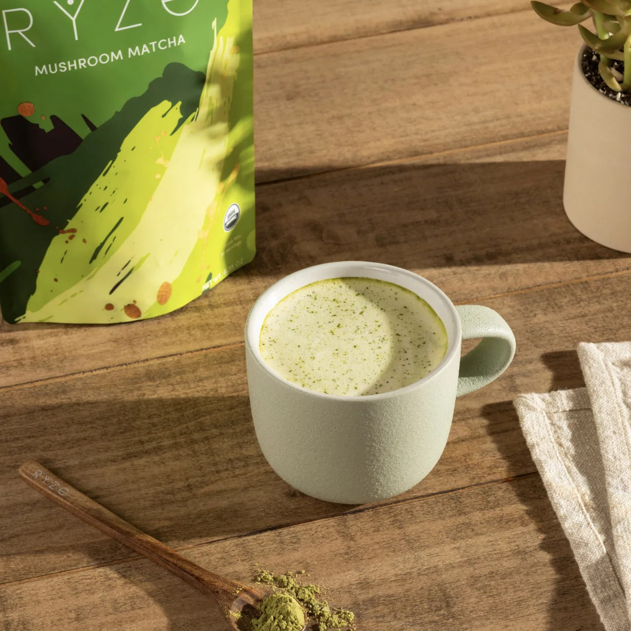 RYZE SUPERFOODS Mushroom Matcha, USDA Organic with 6 Adaptogenic Mushrooms and Ceremonial-Grade Matcha for Energy, Focus, Digestion, Immunity with Turkey Tail, Shiitake, Lion's Mane, 30 servings