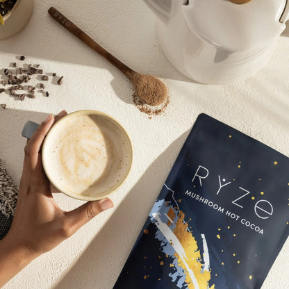 RYZE SUPERFOODS Mushroom Hot Cocoa Melatonin Sleep Supplement, Keto Cocoa Powder with Reishi Mushroom, Melatonin, Glycine, Cacao, L-Theanine, Chicory to Help Fall Asleep and Stay Asleep, 20 Servings