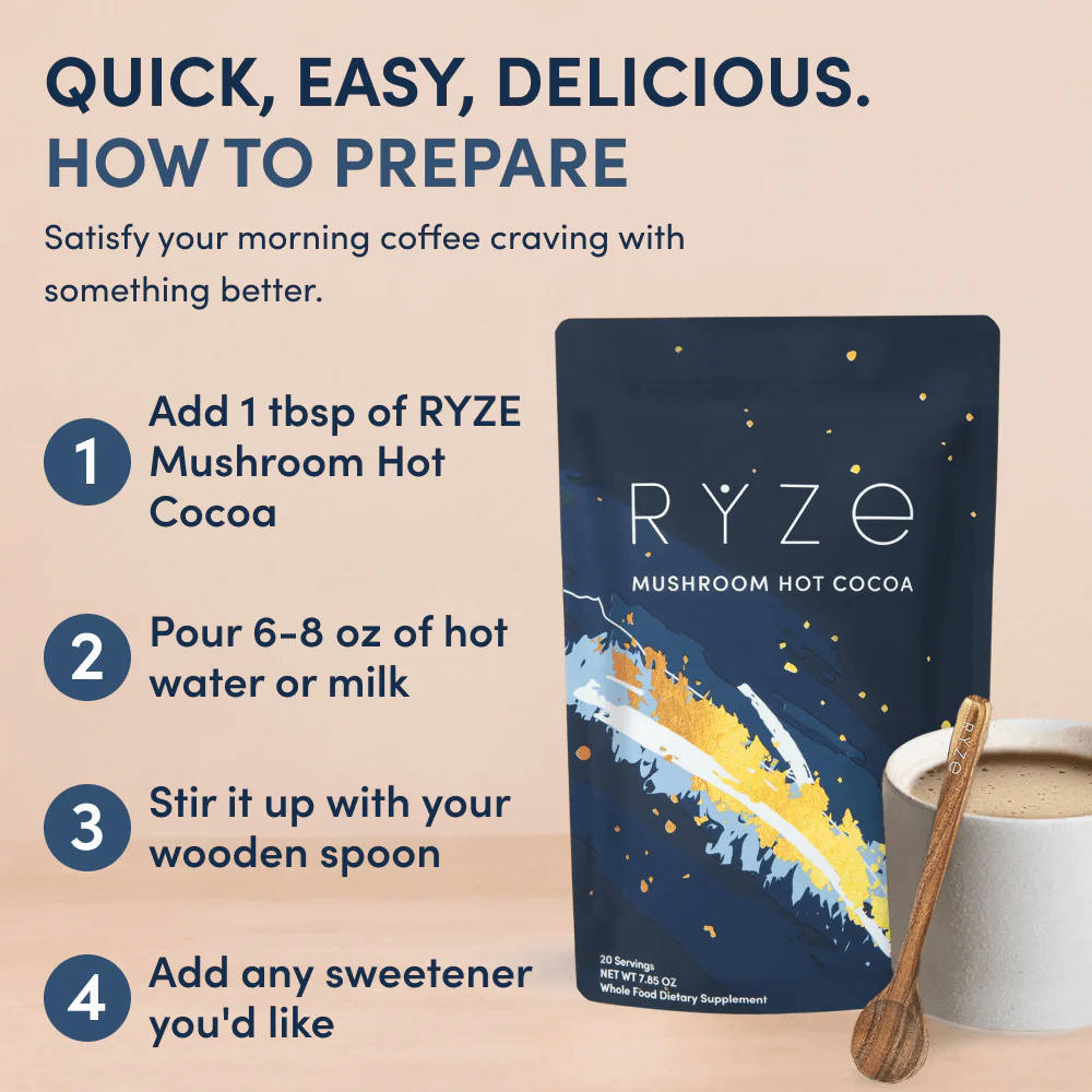 RYZE SUPERFOODS Mushroom Hot Cocoa Melatonin Sleep Supplement, Keto Cocoa Powder with Reishi Mushroom, Melatonin, Glycine, Cacao, L-Theanine, Chicory to Help Fall Asleep and Stay Asleep, 20 Servings