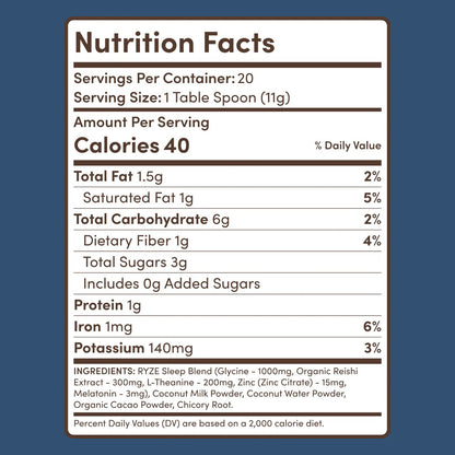 RYZE SUPERFOODS Mushroom Hot Cocoa Melatonin Sleep Supplement, Keto Cocoa Powder with Reishi Mushroom, Melatonin, Glycine, Cacao, L-Theanine, Chicory to Help Fall Asleep and Stay Asleep, 20 Servings
